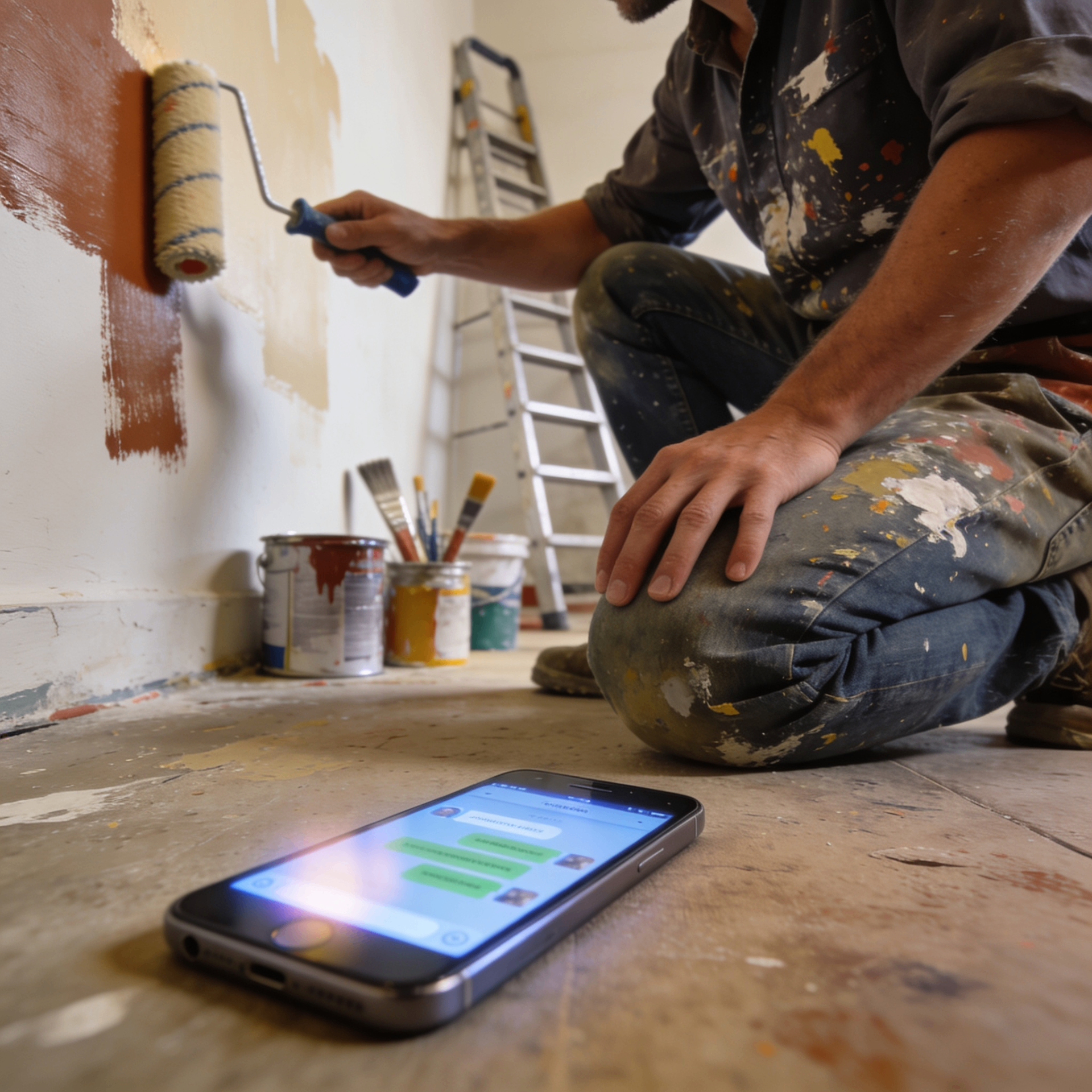 El teléfono de Carlos alumbra en el piso con mensajes nuevos mientras él trabaja en obra